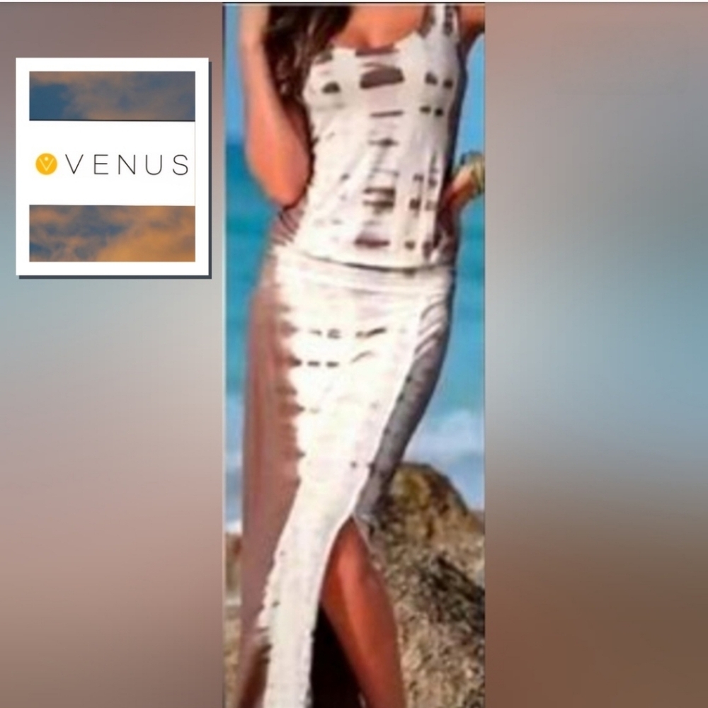 ( VENUS ) Brown & White Tie-Dye Maxi Dress with Front Slit & Open Back, NWOT